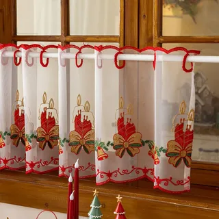 Vordesack Weihnachten Scheibengardine mit Stickerei, für Küchenfenster | Weihnachtliche transparente Halbvorhang mit Lochleiste 1 Stück Glocke HxB 50x150cm, für Küche, kleines Fenster, Wohnzimmer