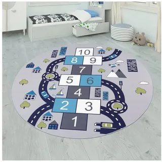 Paco Home Kinder-Teppich Für Kinderzimmer, Spiel-Teppich Mit Hüpfkästchen und Straßen, Grau, 160 cm Rund