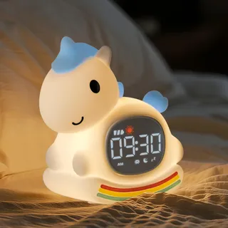 Yiliaw Blaues Pony Kinderwecker mit Nachtlicht – Schlaftrainer & Aufwachuhr, wiederaufladbare Silikonlampe für Schlafzimmer, Perfekter Schlafbegleiter für Jungen & Mädchen