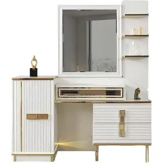 Schminktisch Makeup Tisch Kommode Mit Spiegel Holz Edelstahl Weiß Gold - Weiß