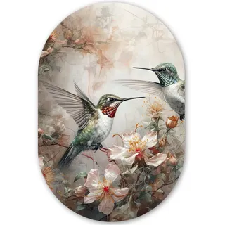MuchoWow Wandbild Kolibri - Vögel - Blumen - Pflanzen 60x90 cm , Hellgrün , Kunststoff , Oval , 60x90 cm , einfache und schnelle Anbringung , Bilder & Rahmen, Bilderrahmen, Bilderrahmen & Fotorahmen
