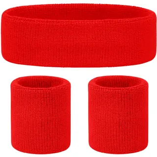 Schweissband und Stirnband Set – Schweißband Neon für 80er Jahre Outfit Damen - Neon Accessoires für Fun Runs Team Building Events Pride Partys Gymnastik Sport Tennis – Stirnband 80er Jahre (Rot)