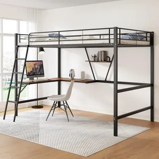 FAVSH Hochbett 90x200 cm mit L-förmigem Schreibtisch und Regal, stabiles Metallbett mit integriertem Arbeitsplatz, Kinderbett Jugendbett für Kinder, Jugendliche und Erwachsene, Schwarz