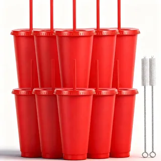 Yisituo 10 Stück Trinkbecher mit Deckel und Strohhalm, 710ml Wiederverwendbare Plastikbecher mit für Smoothies, Kaffee, Party und Reise (10, Rot)