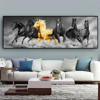 UGZDEA Pferdemuster Leinwand Poster, Sieben laufende Schwarz und Gold Pferdemuster Tiere Leinwand Malerei, Wohnzimmer Schlafzimmer Deko Bild-Ohne Rahmen (Pferd, 50x150cm)
