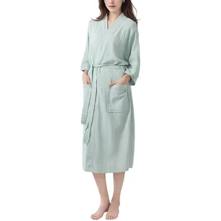 LUKX Morgenmantel Damen Leicht,Baumwoll-Leinen-Bademantel Salbeigrün Schlichter Kimono Robe V-Ausschnitt Morgenmantel Leichtes Kurzes Nachthemd Braut-Morgenmantel Nachtwäsche Bademantel Damen