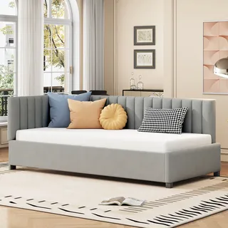 Flieks Polsterbett 90x200cm mit Lattenrost, Tagesbett Schlafsofa mit Rückenlehne, Einzelbett Gästebett Daybett Jugendbett Sofabett, Samt, Grau - Grau