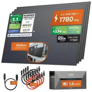 Solarway® 1780Wp / 800W Balkonkraftwerk mit 1,6 kWh Speicher komplett Steckdose - 1,6 kWh Anker SOLIX 2 PRO Speicher