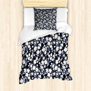 ABAKUHAUS Blumengarten Mantele, Vintage-Blüten, Milbensicher Allergiker geeignet mit Kissenbezügen, 135 cm x 200 cm - 80 x 80 cm, Schwarz Weiß Dimgrey - Schwarz