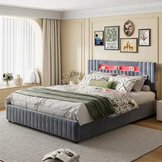 140 x 200 cm Bett mit Stauraum – Doppelbett mit Lattenrost und LED-Kopfteil mit Stauraum, bezogen mit grauem Samtstoff - Grau