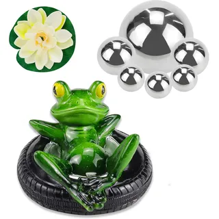 Fosoloni Miniteich Deko Set Schwimmfrosch mit 6 Dekokugel Schwimmkugeln Silber und 2 STK Lotusblüte für Miniteich Terrassenteich Zinkwannen Solarbrunnen Garten Balkon Teiche Deko