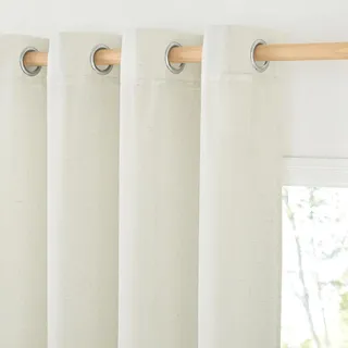 PONY DANCE Kurze Gardinen Halbtransparent Vorhang Leinen Ösenschal 2er Set H 145 x B 140 cm Creme, Leinenoptik Gardine Boho Style Linen Curtains for Bedroom/Living Room