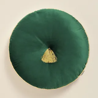 room99 Allure Runde Kisse 45 cm Zierkisse Wurfkissen Dekokissen Plüschkissen Gefüllt Sofakissen für Sofa Bett Couch Pillow Wohnzimmer dekorative Velvet Samt mit Fransen Dunkelgrün,1 Stück