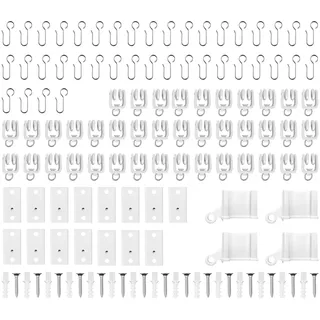 114Stück Gardinenschienen Zubehör,geräuschlose Rolle,Endabdeckungen,Metall Vorhang Haken, Vorhanggleiter, Deckenhalterung für Vorhangschienen -Weiß
