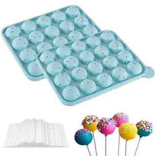 Puedno Cake Pop Silikonform, Lollipop Mould mit 100 Cake Pop Sticks, 20 Runde Lollipop Silikon Form Backform für Süßigkeiten Cupcakes Gelee (Blau)
