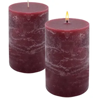 XL Echtwachs Stumpenkerze rustikal 2er Set 15 x 9 cm bordeaux rot | Adventskerze groß, unparfümiert, 95 Stunden Brenndauer, geruchlos, für Weihnachten Gestecke Dekoration