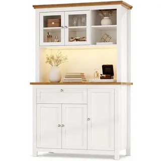 Stilvora Küchenschrank in Weiß Buffetschrank mit LED-Beleuchtung und verstellbaren Ablagen für Küche, B104/T40/H180 cm , Metall, Holzwerkstoff, Glas , Rechteckig,Rechteckig , 104x180x40 cm , Kleinmöbel, Kommoden, Highboards