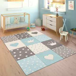 Paco Home Kinderteppich »Cosmo 339«, rechteckig, 16 mm Höhe, Kurzflor, Pastell-Farben, 3D-Effekt, Motiv Herz, Punkte & Krone, blau