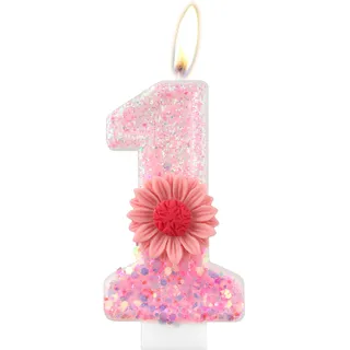 Rosa Gänseblümchen Geburtstagskerzen, rosa Geburtstag Nummer 1 Kerzen für Geburtstagskuchen, rosa Blume, erste Geburtstagskerze, Glitzer-Blumenkerze für Mädchen, 1st Geburtstag Party-Dekorationen