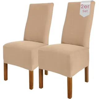 Scheffler Home Stuhlhussen Emma Beige 2er Set aus Jersey Baumwolle – Elastische Stuhlbezüge für Hochlehner und Polsterstühle, waschbar und formstabil, Oeko-TEX Zertifiziert