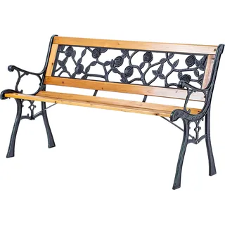 Gartenbank - Parkbank - 127 cm - Holzlatten mit Rückenlehne - Seitenteile aus Gusseisen mit Rosenmotiv - Für den Außenbereich