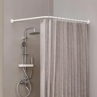 Crkmire Duschvorhangstange L Form verstellbar 61–94x61–94cm, Duschstange L-förmige Eckduschstange mit Deckenhalterung, 15 kg Tragkraft, rostfrei, inkl. 12 Haken, kein Durchhängen (Bohrmontage)