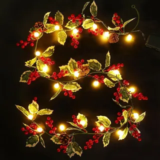 Quntis Weihnachtsgirlande mit Beleuchtung 175cm, Tannengirlande mit Timer | mit 20 Kugel Lichterkette Blätter Rote Beeren Tannenzapfen Glöckchen 8 Modi künstliche Deko-Girlande für Weihnachtsdeko