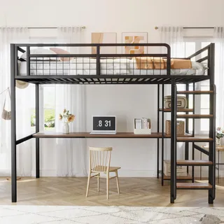 Ball & Cast Loft Bed (140x200cm) mit Tisch und Regalen, Metall-Hochbett mit Sicherheitsleiter, Stabil & Rauschlos, Schwarz
