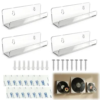 4 Stück Vinyl Schallplatten Wandhalterung - 17,8 × 4,7 × 4,2 cm Wandregal Schmal, Acryl Klar Vinyl Wandhalter kommt mit Montagezubehör, Wanddeko Wandhalterung für CD Display in Schlafzimmer Büro