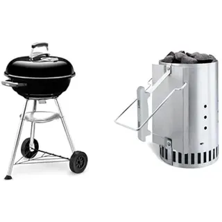 Weber 1221004 Holzkohlegrill Compact Kettle, Durchmesser 47 cm, Schwarz, Kugelgrill & 7416 Anzündkamin Rapidfire, Grillen mit Kohle, Anzünden