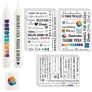 Yezirzax 12 PCS Kerzentattoos (400+ Muster) Wassertransferdruck Sticker | Wasserschiebefolie | Kerzenfolie | Kerzensticker Dekorieren | DIY Geschenk Kerzendekoration, Kerzentattoos Dekorieren (Danke)