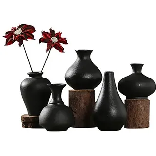 Sziqiqi Kleine Schwarze Keramik Vasen 5er-Set, Mini Handmade Keramikvasen für Blumen Pampasgras Moderne Blumenvase Deko für Wohnzimmer Küche Büro Küche und Tisch