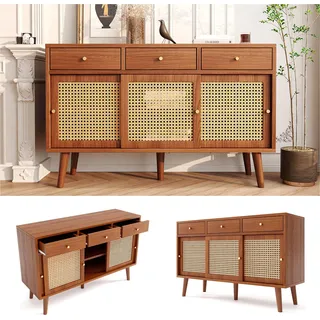 Sideboard Nussbaum-Optik (120 cm) mit 3 Schubladen & 3 Schiebetüren, Kommode mit echtem Rattangeflecht, Massive Holzbeine & Goldene Griffe - Braun