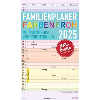 ALPHA EDITION GmbH & Co. KG Familienplaner Farbenfroh 2025 mit 5 Spalten - Familienkalender 26x45 cm - Offset-Papier - mit Ferienterminen - Wandkalender - Wandplaner