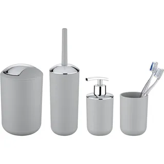 WENKO Bad-Accessoire Set Mod. Brasil, 4-teilig, Zahnputzbecher, Seifenspender, WC-Garnitur & Schwingdeckeleimer, für eine einheitliche Badausstattung, bruchsicherer Spezialkunststoff, Grau