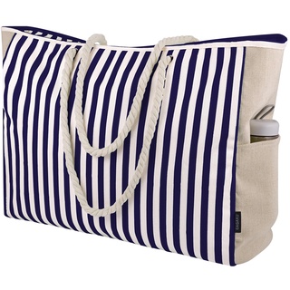 GAGAKU Strandtasche XXL Familie Badetasche für Damen Extra Große Strandtasche mit Reißverschluss, Sanddichtes Segeltuch Beach Bag Reisen Strand Tasche - Marineblau Gestreift