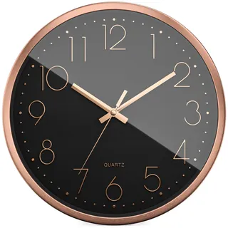 Mebus Quarzwanduhr | Leisegangwerk ohne Tick-Tack Geräusch | Aluminiumrahmen | arabisches Zifferblatt | 3D Ziffern | Aluminium Zeiger I 30 cm, Rose/Schwarz