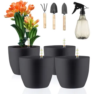 LangRay 4er-Set Blumentopf mit Wasseranzeiger, 15.5x13cm Klein Kunststoff Pflanztopf Selbstbewässerungstopf Wasserspeicher Hydrokultur Topf mit Bewässerungssystem Selbstbewässernd (Grau)