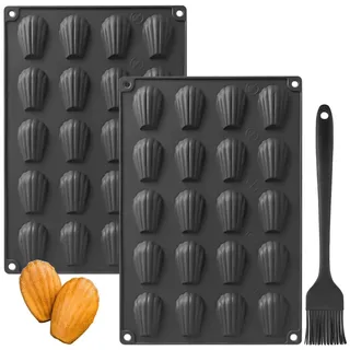 YXHZVON Mini Madeleine Backformen Schwarz, 2PCS Mini Silikon Madeleines Backformen 20 Hohlräume mit 1 Stücke Silikonbürste, Schokoformen Silikon BPA Freie für Mini-Kuchen Schokolade