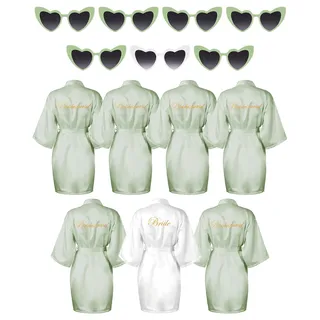 Xuhal 7-teiliges Bademantel-Set für Braut, Brautjungfer, für Hochzeit, Brautparty, Satin-Bademantel, Trauzeugin, Bademantel mit herzförmiger Sonnenbrille, Hellgrün, Weiß, Einheitsgröße