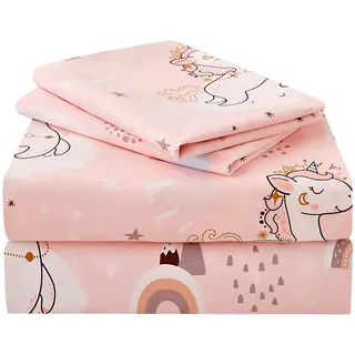 JSD Pink Moon Einhorn Kinder-Bettlaken-Set, 3-teilig, niedlich Bedruckte Mikrofaser-Bettlaken für Mädchen, Tiefe Tasche