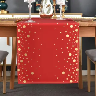 Tischläufer Modern Weihnachten Abwaschbar 180 x 33 Rot Gold Weihnachts Tischdecke Tisch Läufer Schmal Weihnachtsdeko Winter Boho Vintage Tischdekoration für Hochzeit Geburtstag Party Urlaub