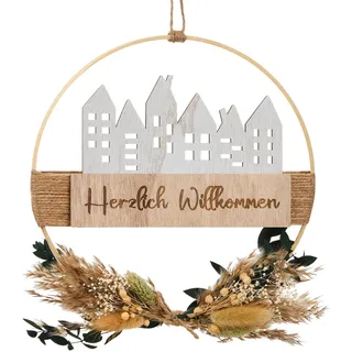 Xinnun Türkranz Trockenblumenkranz Herzlich Willkommen Schild Haustür Holz Türkranz Trockenblumen Boho Türdeko Ganzjährig Willkommensschild Naturtöne Hängedeko für Wand Fenster Deko 25cm(Modern)