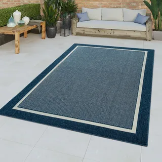 TT Home Kurzflor In- & Outdoor Teppich 3D Effekt Bordüre Muster Natürlicher Look Blau Größe 80x150 cm - Blau