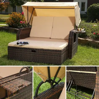 Strandkorb Braun Sonnendach Sonnenliege Sonnenbett Polyrattan Lounge Gartenmöbel - Braun