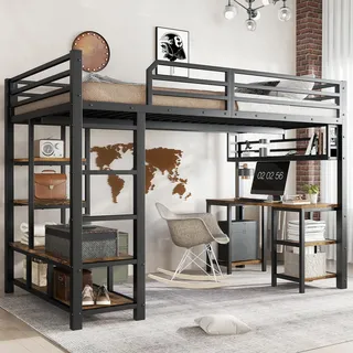 Merax Etagenbett Hochbett 120x200cm mit Schreibtisch,  Eisenbett  mit Ablagefläche und 4-stufiger Leiter, Kinderbett mit Stabile Lattenroste, Schwarz - Schwarz