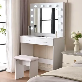 Shally Dogan Schminktisch mit Hocker Modell Ofelia mit 2 LED-Lampen, Spiegel mit Tisch und Schubladen aus weißem Holz, bequemer gepolsterter Sitz, Spiegel zum Schminken, kaltes und warmes Licht