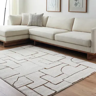 Surya Trogir Wohnzimmer Teppich modern – Abstrakt Design in Marmor Optik für Wohnzimmer 200x275 cm, Esszimmer, Schlafzimmer - Marmor Teppich groß, weicher Teppich Kurzflor in Elfenbein und Braun