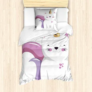 ABAKUHAUS Einhorn-Katze Mantele, Fantasie-Charakter, Milbensicher Allergiker geeignet mit Kissenbezügen, 135 cm x 200 cm - 80 x 80 cm, Blassrosa orange Flieder - Orange