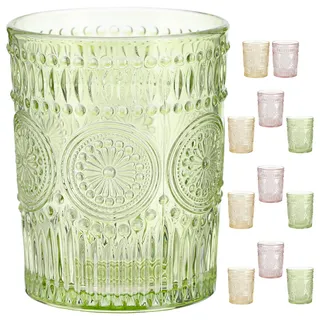 Cepewa Trinkglas 12er Set 'Mandala' | Ø8x10cm 300ml Glas rosa grün orange | Getränkegläser mit Bodensticker und strukturierten Ornamente (1 x 12er Set Trinkglas 'Mandala' bunt)